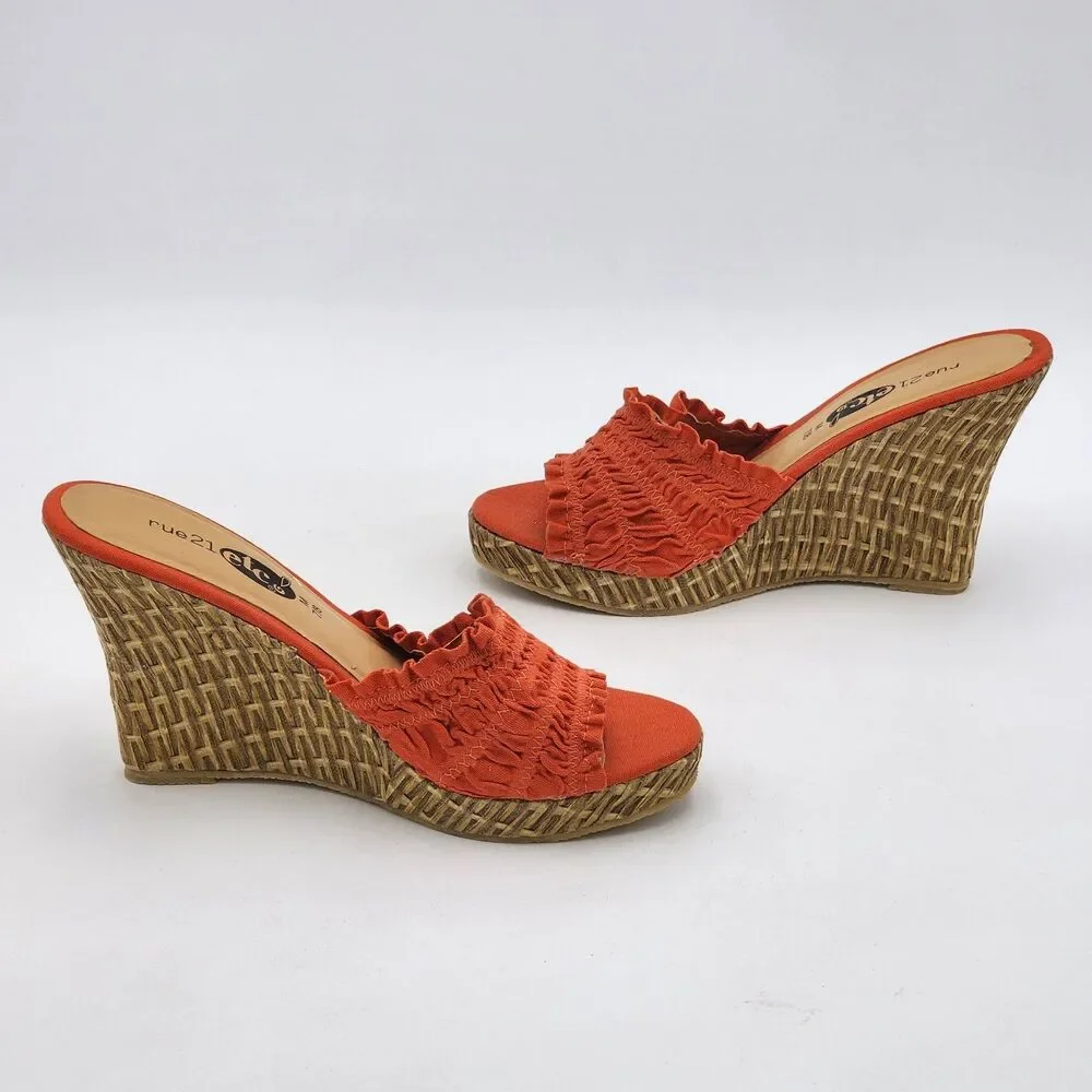 Rue 21 Y2K Vintage Ruched Stretch Straw Woven Wedge Slide Sandal Orange Size 7/8